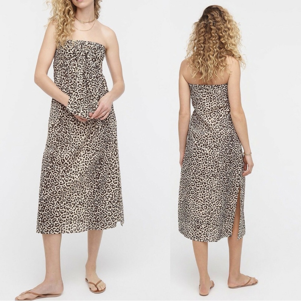 J. CREW AP844 Strapless Leopard Print Beach Cover Up Midi Dress Medium
